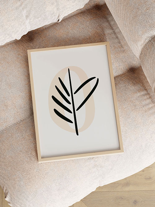 Stillness-inspired Peachy Pepper poster in neutral-toned bedroom